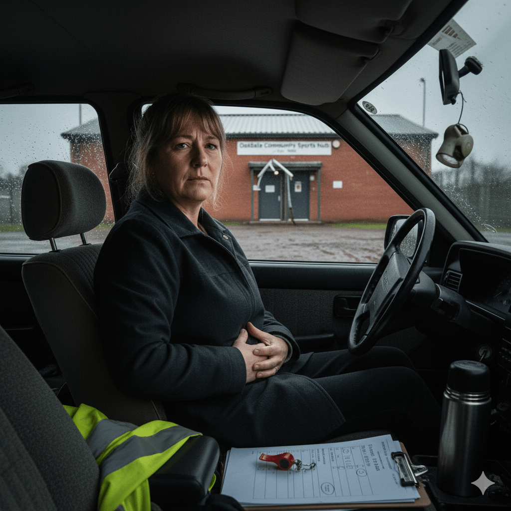Sarah, a dedicated trustee, sits in her car outside Oakdale Community Sports Hub, a visible knot of worry etched on her face after a board meeting. Her expression captures the frustration of passionate individuals facing governance challenges in grassroots UK charities.